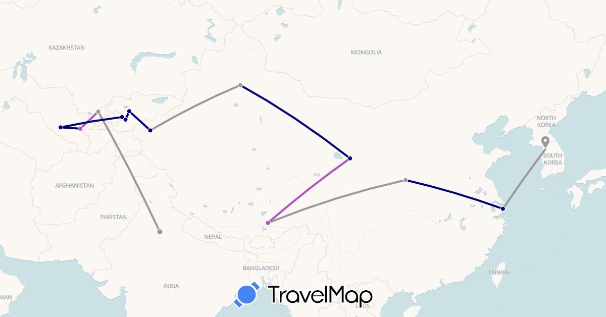 TravelMap itinerary: driving, plane, train in China, India, Kyrgyzstan, South Korea, Uzbekistan (Asia)