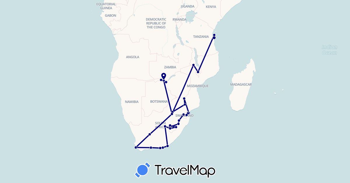 TravelMap itinerary: driving in Botswana, Lesotho, Malawi, Mozambique, Swaziland, Tanzania, South Africa, Zambia, Zimbabwe (Africa)