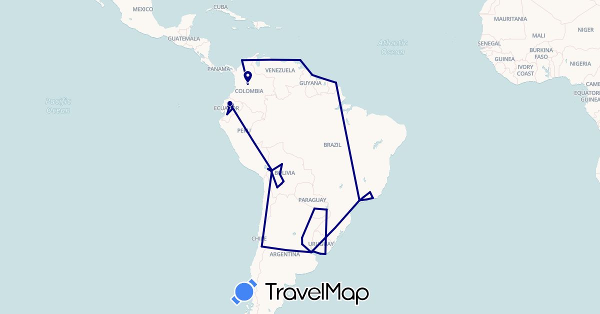 TravelMap itinerary: driving in Argentina, Bolivia, Brazil, Chile, Colombia, Ecuador, France, Guyana, Paraguay, Suriname, Trinidad and Tobago, Uruguay (Europe, North America, South America)