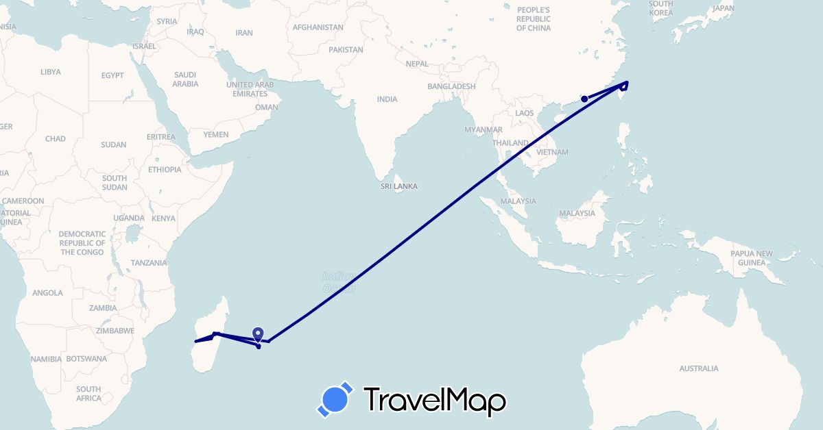 TravelMap itinerary: driving in China, France, Madagascar, Mauritius, Taiwan (Africa, Asia, Europe)