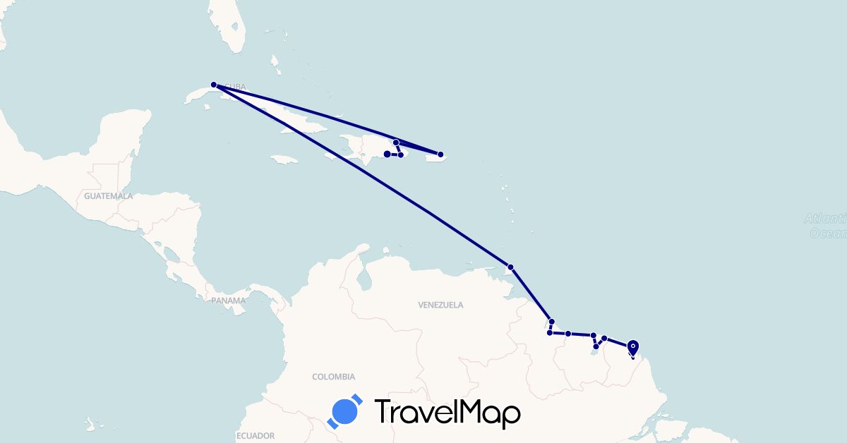 TravelMap itinerary: driving in Cuba, Dominican Republic, France, Guyana, Suriname, Trinidad and Tobago, United States (Europe, North America, South America)