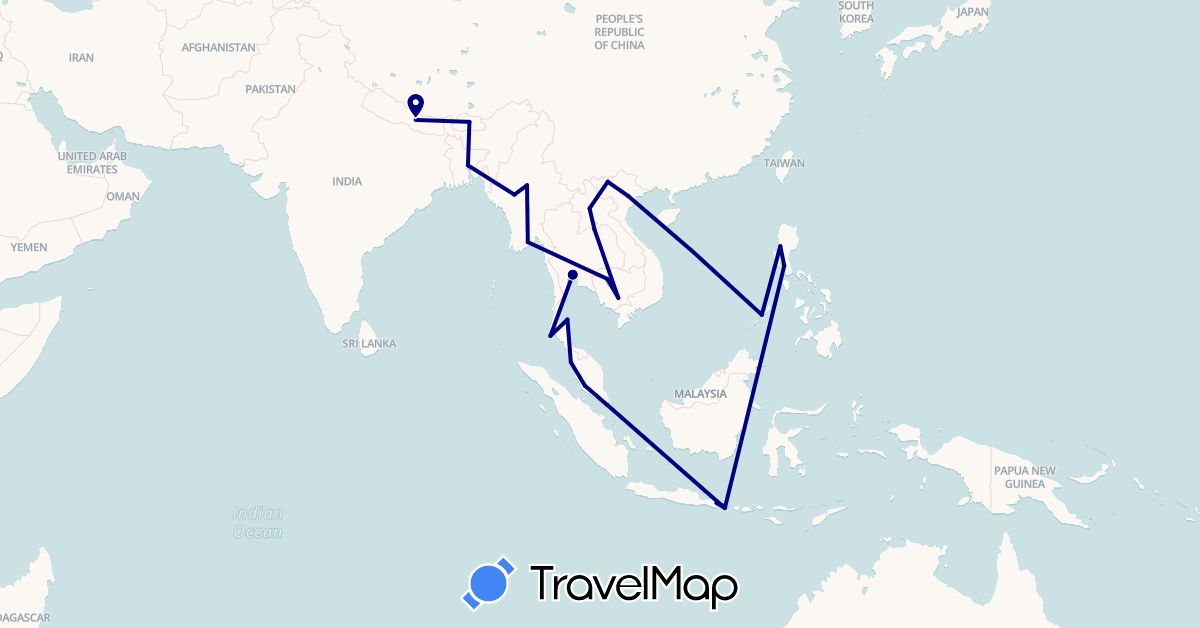 TravelMap itinerary: driving in Bangladesh, Bhutan, Indonesia, Cambodia, Laos, Myanmar (Burma), Malaysia, Nepal, Philippines, Singapore, Thailand, Vietnam (Asia)